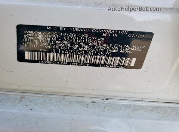 JF1VA2S68L9813575 2020 SUBARU WRX White VIN կոդի պիտակի տեսք