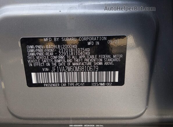JF1VA2W60M9810679 2021 SUBARU WRX STI Silver Vista del compartimento del motor