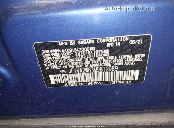 JF1VA2W63M9812989 2021 SUBARU WRX STI Blue Շարժիչի բաժամունքի տեսք