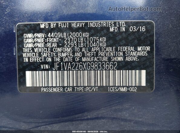 JF1VA2Z6XG9833662 2016 SUBARU WRX STI Blue Widok komory silnika