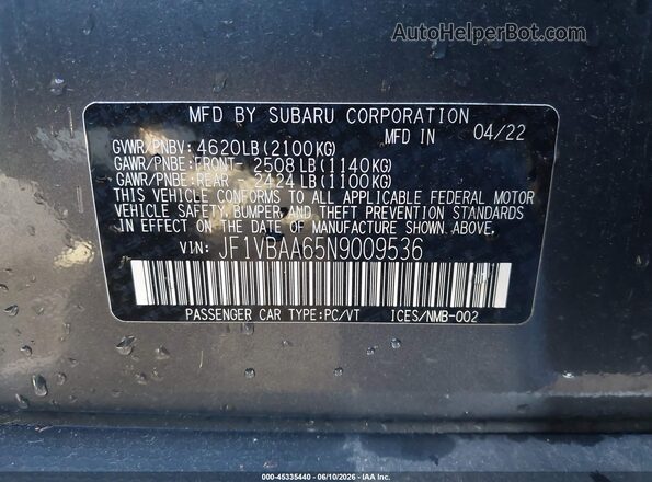 JF1VBAA65N9009536 2022 SUBARU WRX Gray Вид підкапотного простору
