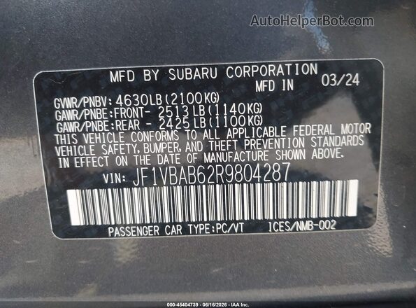 JF1VBAB62R9804287 2024 SUBARU WRX Gray Вид підкапотного простору