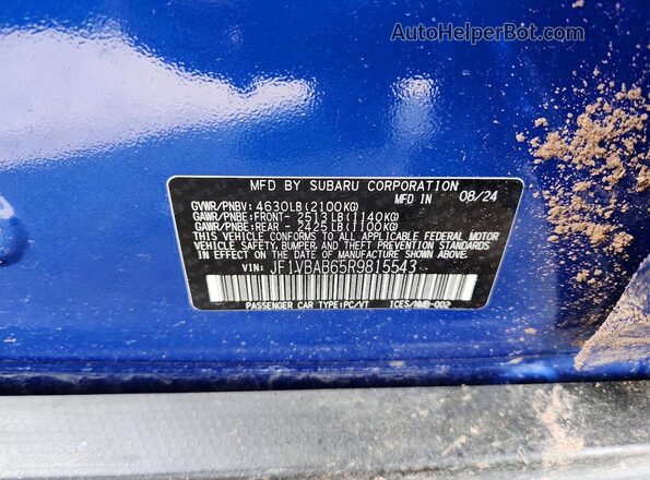 JF1VBAB65R9815543 2024 SUBARU WRX Blue Vista del compartimento del motor