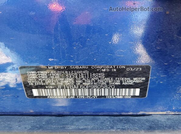 JF1VBAF60P9805820 2023 SUBARU WRX Синий Вид наклейки с VIN-кодом