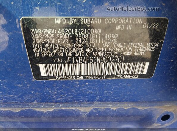 JF1VBAF62N9002701 2022 SUBARU WRX Blue Вид підкапотного простору