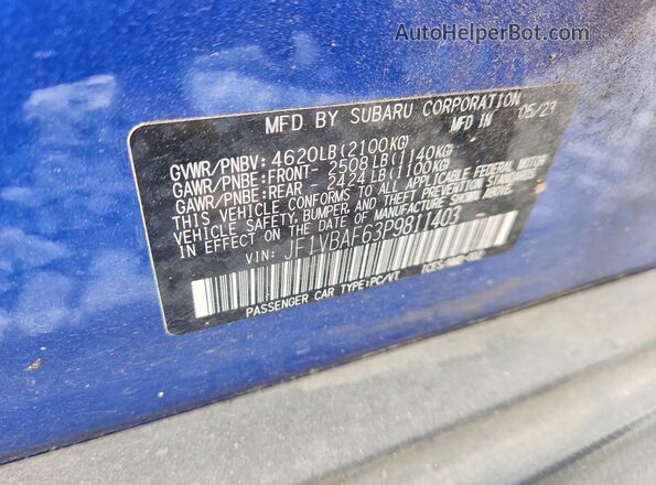 JF1VBAF63P9811403 2023 SUBARU WRX Blue VIN կոդի պիտակի տեսք