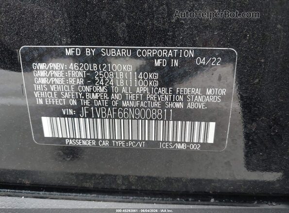 JF1VBAF66N9008811 2022 SUBARU WRX Black Engine compartment view