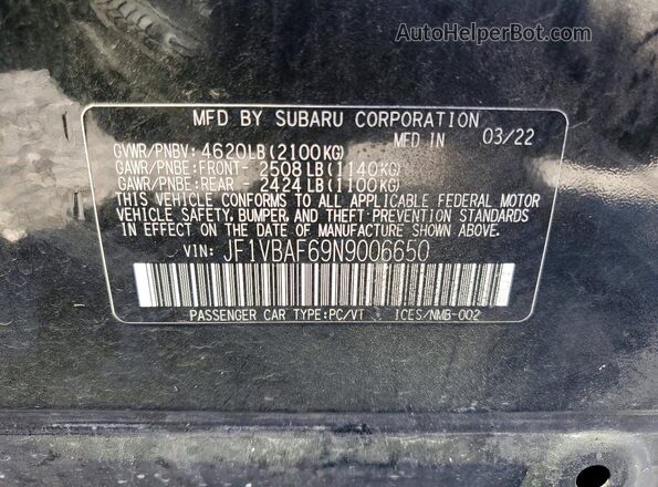 JF1VBAF69N9006650 2022 SUBARU WRX Black Vista de la etiqueta del VIN