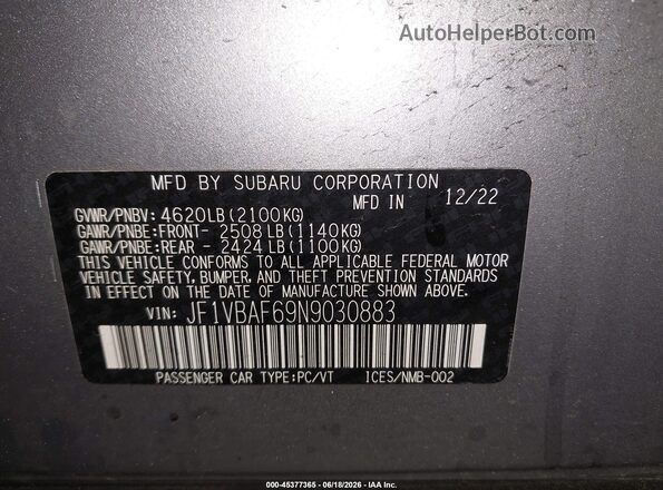 JF1VBAF69N9030883 2022 SUBARU WRX Silver Vista del compartimento del motor