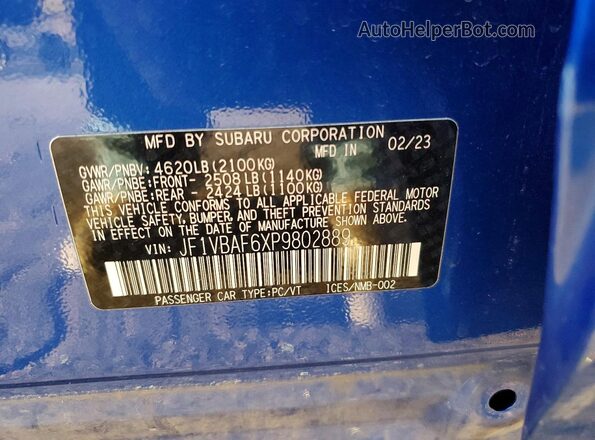 JF1VBAF6XP9802889 2023 SUBARU WRX Blue Widok komory silnika