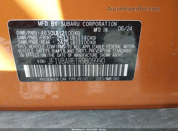 JF1VBAH61R9809990 2024 SUBARU WRX Оранжевый Вид подкапотного пространства