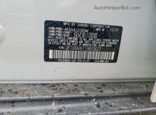 JF1VBAH61S9810627 2025 SUBARU WRX Белый Вид наклейки с VIN-кодом