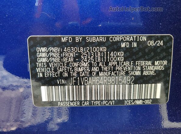 JF1VBAH64R9815492 2024 SUBARU WRX Blue 