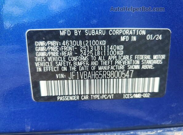 JF1VBAH65R9800547 2024 SUBARU WRX Blue Vista del compartimento del motor