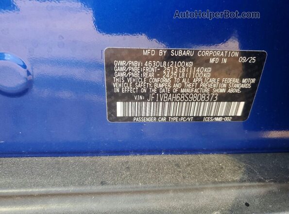 JF1VBAH68S9808373 2025 SUBARU WRX Синий Вид наклейки с VIN-кодом