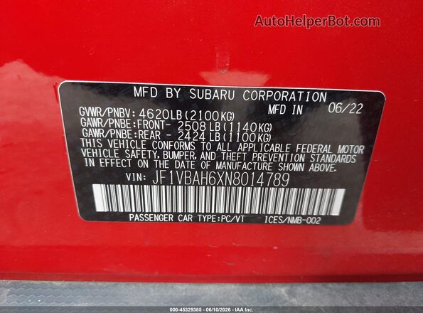 JF1VBAH6XN8014789 2022 SUBARU WRX Красный Вид подкапотного пространства