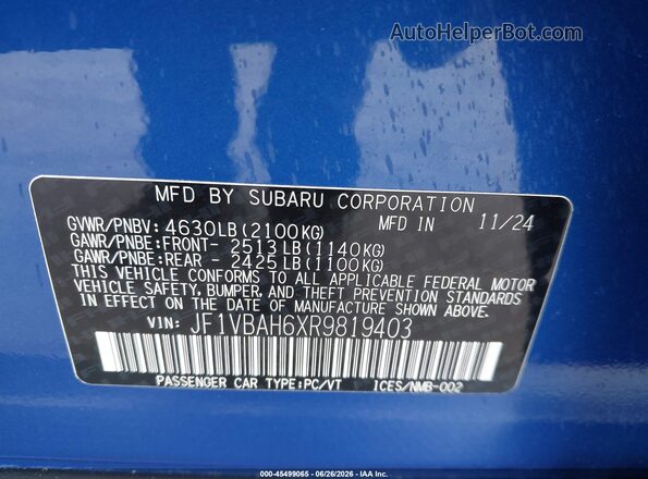 JF1VBAH6XR9819403 2024 SUBARU WRX Blue Vista del compartimento del motor