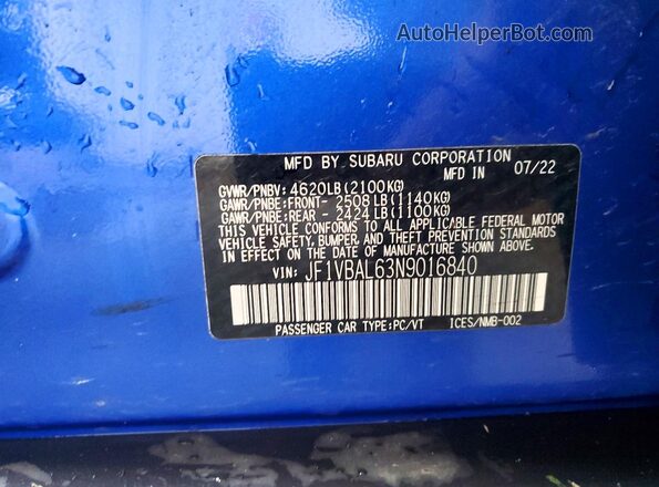 JF1VBAL63N9016840 2022 SUBARU WRX Blue Вид підкапотного простору