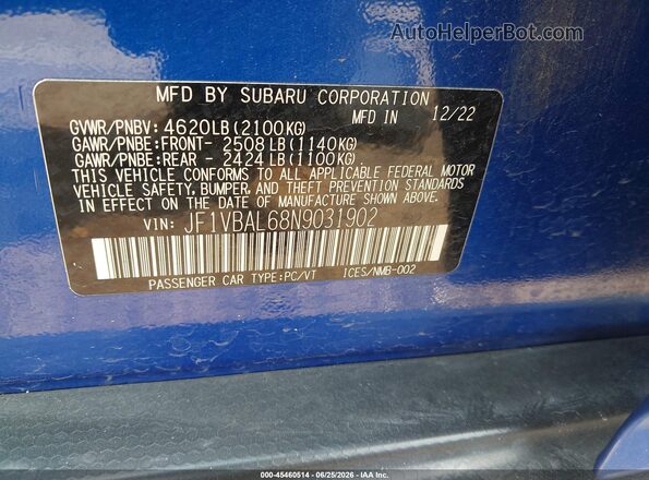 JF1VBAL68N9031902 2022 SUBARU WRX Blue Engine compartment view