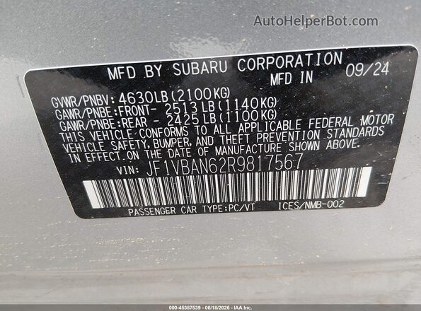 JF1VBAN62R9817567 2024 SUBARU WRX Silver Շարժիչի բաժամունքի տեսք