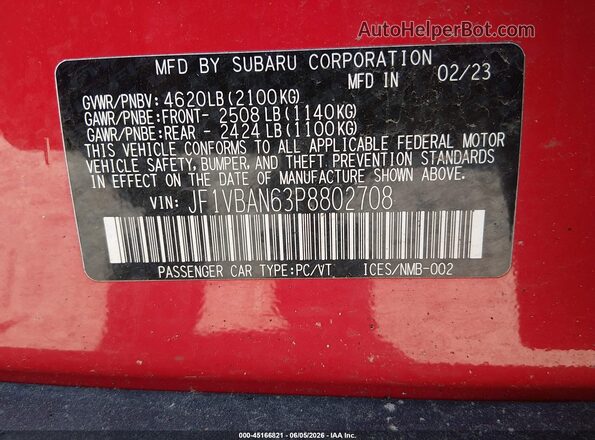 JF1VBAN63P8802708 2023 SUBARU WRX Red Widok komory silnika