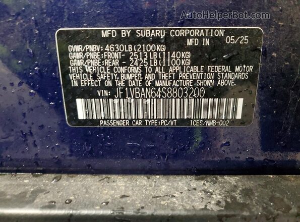 JF1VBAN64S8803200 2025 SUBARU WRX Blue VIN կոդի պիտակի տեսք