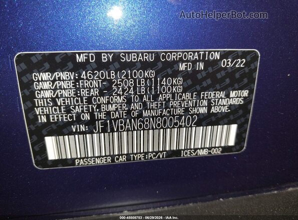 JF1VBAN68N8005402 2022 SUBARU WRX Blue Vista del compartimento del motor