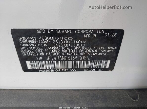 JF1VBAN6XT9800653 2026 SUBARU WRX White ძრავის განყოფილების ხედი