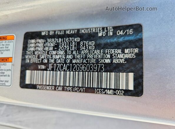 JF1ZCAC12G9603973 2016 SUBARU BRZ Silver Engine compartment view