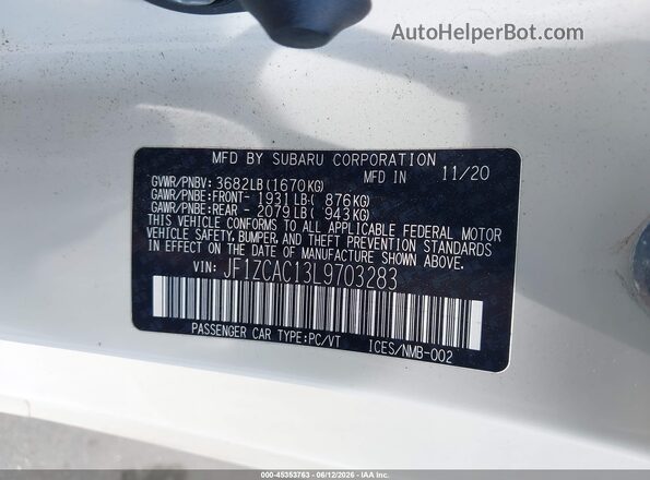 JF1ZCAC13L9703283 2020 SUBARU BRZ White Widok komory silnika
