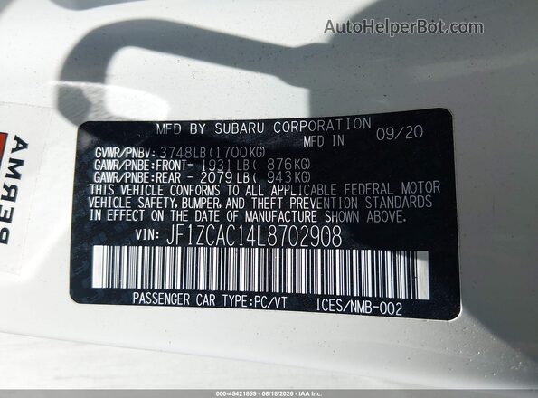 JF1ZCAC14L8702908 2020 SUBARU BRZ White ძრავის განყოფილების ხედი