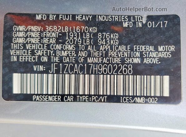 JF1ZCAC17H9602268 2017 SUBARU BRZ Silver 