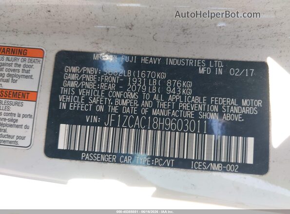 JF1ZCAC18H9603011 2017 SUBARU BRZ White 