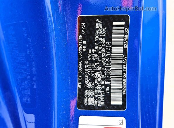 JF1ZDBE18R9701408 2024 SUBARU BRZ Blue Widok naklejki z numerem VIN
