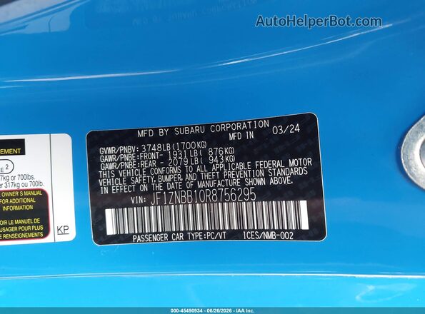 JF1ZNBB10R8756295 2024 TOYOTA GR86 Blue Շարժիչի բաժամունքի տեսք