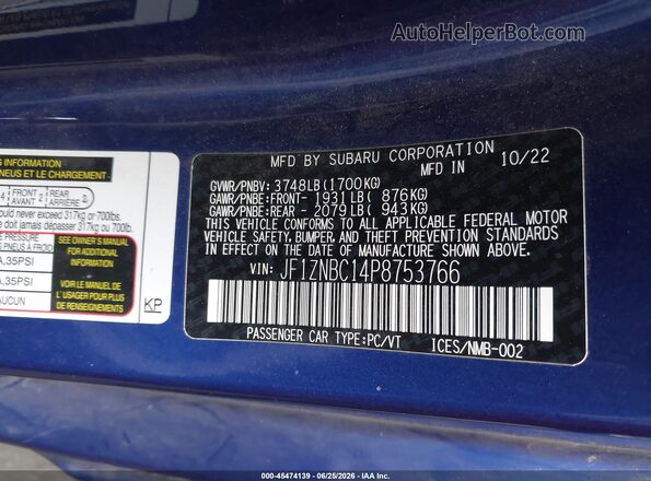 JF1ZNBC14P8753766 2023 TOYOTA GR86 Blue Вид підкапотного простору