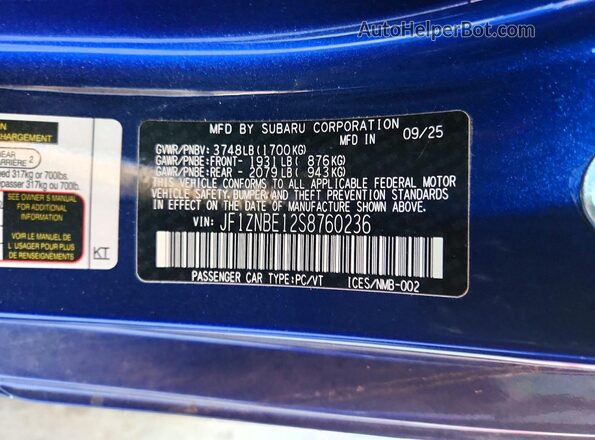 JF1ZNBE12S8760236 2025 TOYOTA GR Blue Vista del compartimento del motor