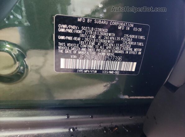 JF2BUPAD1TY527396 2026 SUBARU OUTBACK Green VIN sticker view