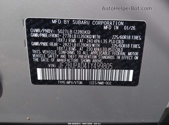 JF2BUPAD4TY499805 2026 SUBARU OUTBACK Gray Widok komory silnika