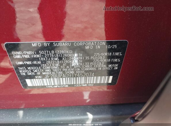 JF2BUPAD9TY452074 2026 SUBARU OUTBACK Red Widok komory silnika