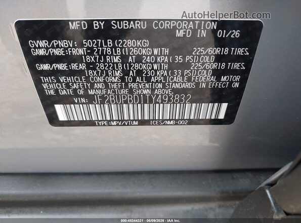 JF2BUPBD1TY493832 2026 SUBARU OUTBACK Silver Engine compartment view
