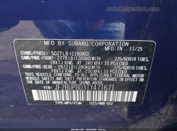 JF2BUPBD3TY471671 2026 SUBARU OUTBACK Blue Vista del compartimento del motor