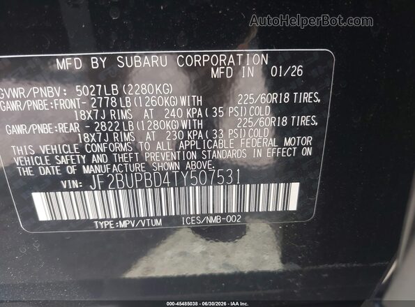 JF2BUPBD4TY507531 2026 SUBARU OUTBACK Black Vista del compartimento del motor