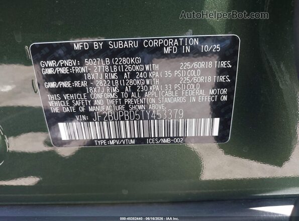 JF2BUPBD5TY453379 2026 SUBARU OUTBACK Зеленый Вид подкапотного пространства
