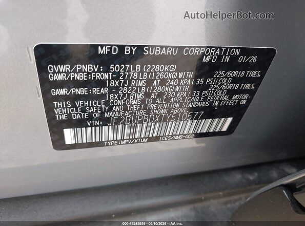 JF2BUPBDXTY510577 2026 SUBARU OUTBACK Silver Вид підкапотного простору