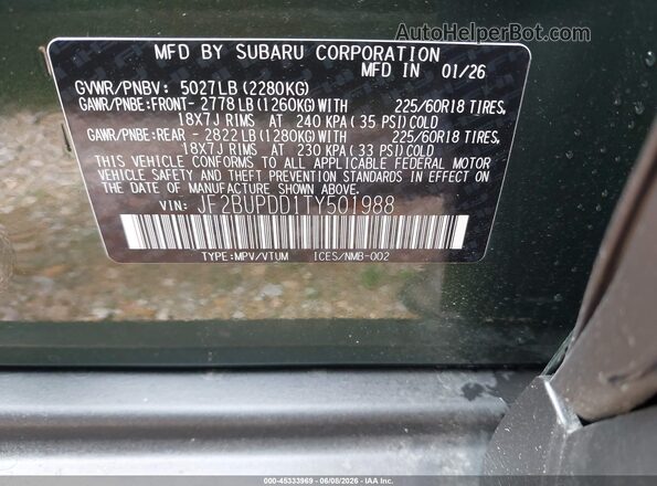 JF2BUPDD1TY501988 2026 SUBARU OUTBACK Green ძრავის განყოფილების ხედი