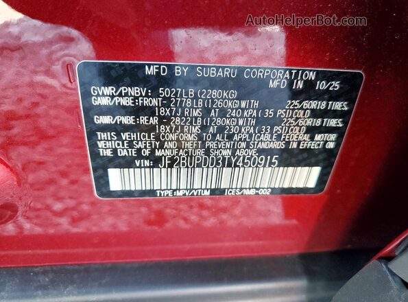 JF2BUPDD3TY450915 2026 SUBARU OUTBACK Burgundy Вид наклейки з VIN-кодом