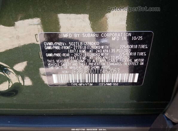 JF2BUPDD7TY452053 2026 SUBARU OUTBACK Green 