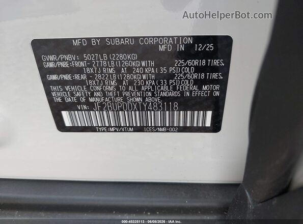 JF2BUPDDXTY483118 2026 SUBARU OUTBACK White 
