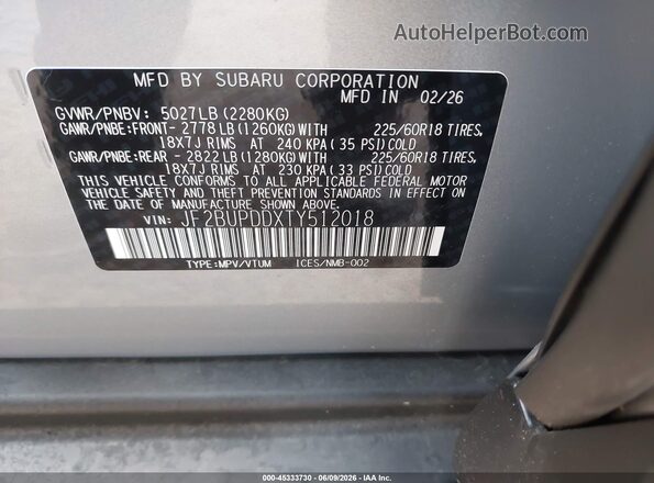 JF2BUPDDXTY512018 2026 SUBARU OUTBACK Silver 